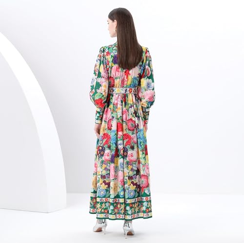 LAI MENG FIVE CATS Women's Puff Sleeves High Collar Floral Printed Buttons Front Slits Flowy Maxi Dress with Belt3