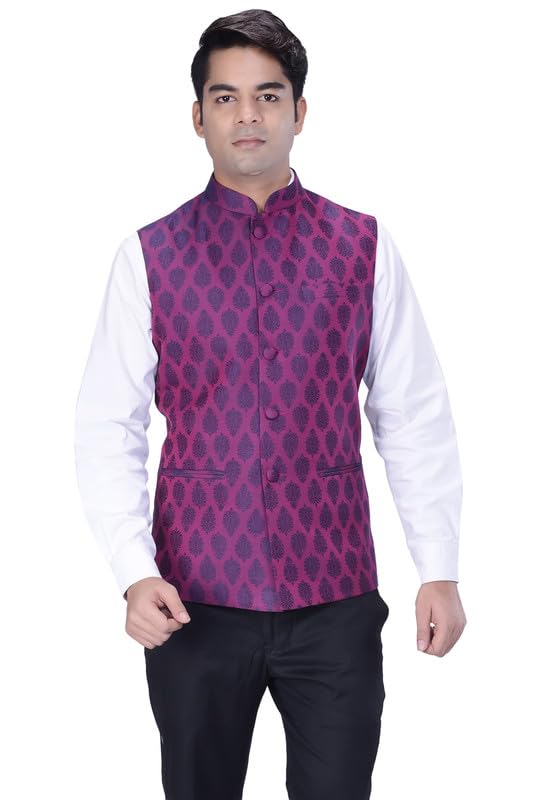 Image of KISAH Men's Nehru Jacket, Magenta Silk Blend, Jacquard Regular Fit Mandarin Collar Long Sleeves (38)