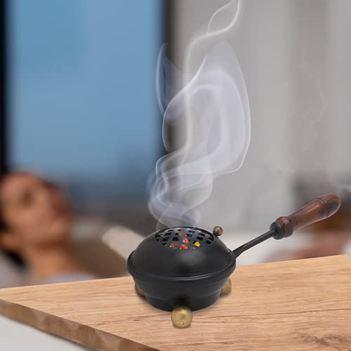 Charcoal Incense Burner With Wooden Handle Small Iron Black Diameter 3.15 Inch #TOP3