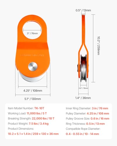 VEVOR Seilwinden Umlenkrolle, 10 Tonnen Tragkraft, Flaschenzugsystem, Forstseilwinde funktioniert mit 10-14 mm Seil, Windenhaken-Zubehör, Offroad-Bergezubehör für LKW, Traktor, ATV, UTV