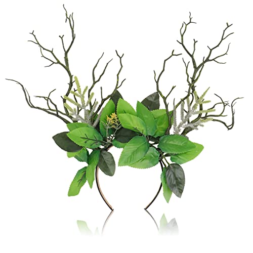 Reindeer Headband with Fabric Leaves Girl Woman Forest Fairy Headband Flower Crown Wreath Elves Costume Accessories Hair Accessories for Christmas Halloween Carnival