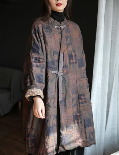 NFYM Women Quilted Jacket Kimono Vintage Linen Printed Long Loose Outwear Coats with Pockets3