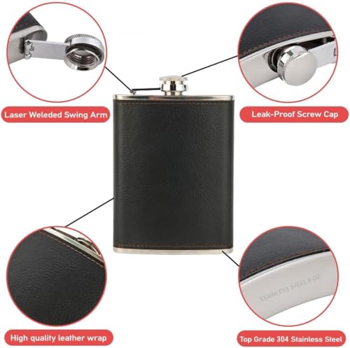 Image of GBEXHip Flask Gift Set with Black Leather Cover,8 Oz Leak Proof 18 /8 Stainless Steel Flask for Liquor with 2 Cups & Funnel, Flasks for Liquor for Men Gift Box