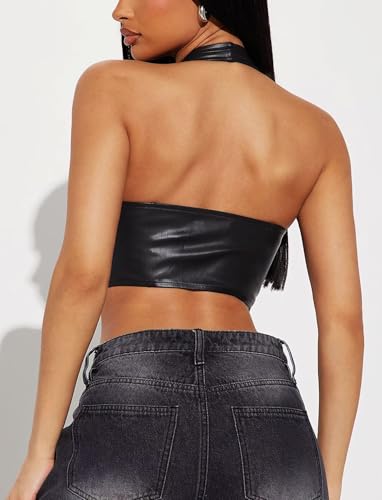 TZLDN Sexy Leather Tops for Women PU Halter Y2k Backless Asymmetrical Going Out Crop Tank Tops Corset Concert Club Outfits2