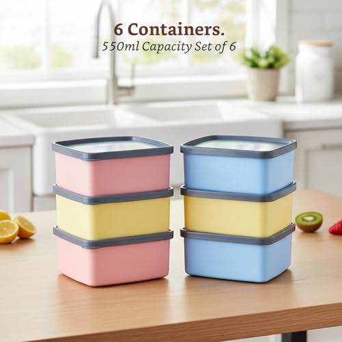 Image of Amazon Brand - Solimo Plastic Storage Container Set With Airtight Lid | BPA-Free Plastic | Microwave Safe | Dishwasher Safe | Kitchen & Outdoor Storage | 550ml | Multicolour | Set of 6