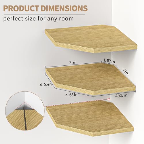 Image of Corner Shelf Wall Mount, Floating Corner Shelves, Set of 3 Corner Wall Shelf Organizer, Rustic Wood Wall Storage Display Shelves for Living Room Bedroom Bathroom Kitchen, Rustic Brown, Oak