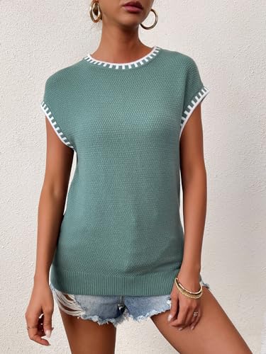 Image of Cap Sleeve Sweater Tops for Women 2026 Knit Summer Sleeveless Tank Vest | Slim Fit, Trendy Color Block, Soft, Skin-Friendly, Strechy, Lightweight, Breathable, Casual Daily Wear