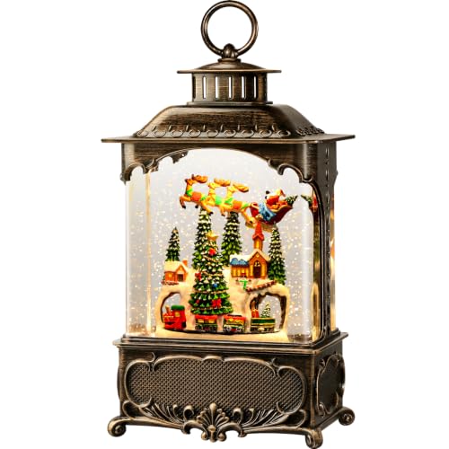Lffital Christmas Snow Globes Village Snow Globe Lantern, Lighted Christmas Decorations Indoor for Home with Music Timer Glitter, Santa Claus Church Scene Festival Gifts, USB & Battery Operated