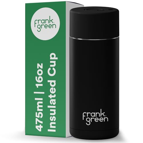 Image of frank green Insulated Travel Mug for Cold Or Hot Drinks - 475ml/16oz Reusable Coffee Cup with Push-Button Lid, Ceramic Lined, Triple Wall Vacuum - Midnight Black