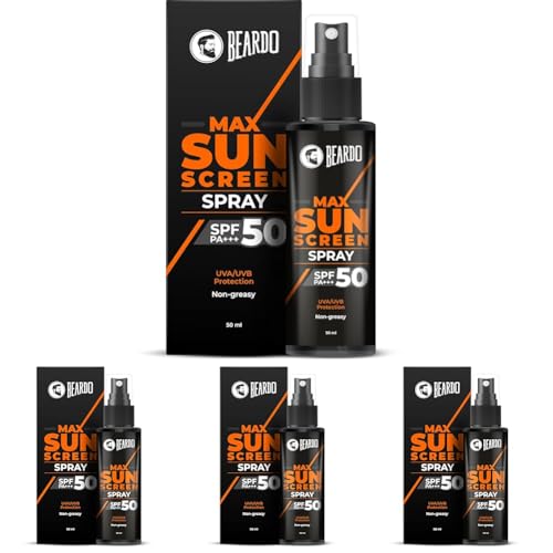 Image of BEARDO Max Sunscreen SPF 50 & PA+++ Spray for Men | Non-greasy Sunscreen for Oily Skin | UVA UVB Protection | 50ml (Pack of 4)