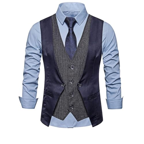 Men's Suit Vest Spring Summer Vintage Patchwork Fake 2-Piece Button Casual Suit Vest Waistcoat for men