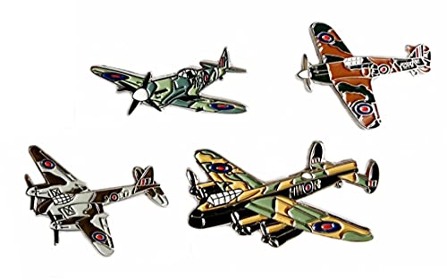 Mainly Metal ™ WW2 FOUR Enamel Pins (approx 30mm) Badge Brooch RAF Spitfire Lancaster Mosquito Hurricanee Plane Armed Forces Air Force Marine Military