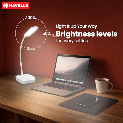 Image of Havells Lucento Table Lamp 4.5W | Integrated Touch Sensor|3 Step Dimmable LED Table lamp|3.7V, 800 mAh Lithium‑Ion Battery | Light Modes: 100%, 50%,25% | Eye Soft Technology for Soft Glare-Free Light