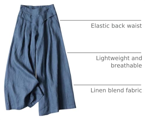 Image of Gihuo Culottes for Women Linen Wide Leg Gauchos Capri Palazzo Pants | Cotton Linen Pants,Flowy Pants,Women's Culottes,Cropped Pants,Elastic Waist Trousers with Pockets