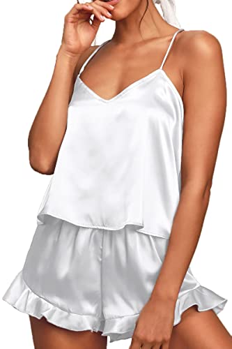 Chyrii Women's Sexy Cami Pajamas Sets Silk 2 Pcs Lounge Sets With Ruffled Shorts Sleepwear White S #TOP3