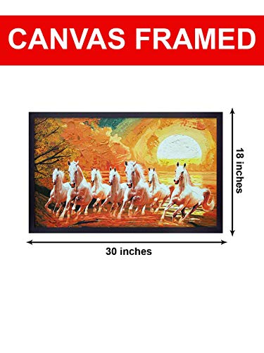 Image of 999STORE Printed Seven White Running Horses Painting Wall Art with Black Frame (Canvas 18X30 Inches Multi) BLFLP18300071