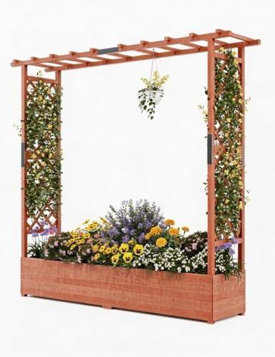 Acekool Hochbeet Mit Rankgitter & Dach 196x44x182 cm– Blumenkasten Mit Spalier & 4 Abflusslöchern, Pflanzkasten Aus Holz, Vertikaler Pflanzer Für Kletterpflanzen & Weinreben