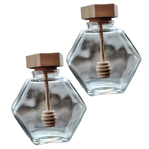HOLIDYOYO 2pcs Honey Pot Clear Honey Container Honey Jar with Dipper Bee Suit Container with Lid Food Sealed Storage Jar Clear Jars Mini Jar Honey Storage Jar Bottle Jam Jar Wooden re-usable