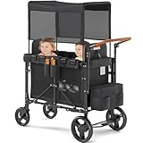 VELUVIA Wagon Stroller Outdoor for 2 Kids - Double Toddlers Stroller with Canopy & Removable Seat Pads, 2 Seater Push Pull Wagon One-Hand Fold, Shock-Absorbent Wheels & Safety Harness, Black