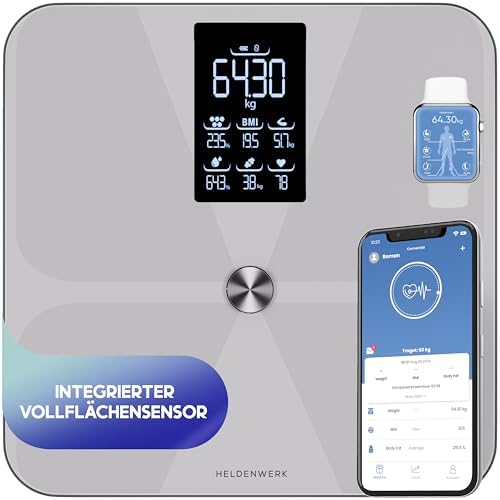 HELDENWERK® Körperfettwaage Pro mit App und 18 Messwerten extrem genau | Digitale Personenwaage mit hochpräzisem Vollfächensensor, Ganzheitliche Gesundheitsanalysen, Für mehrere Be
