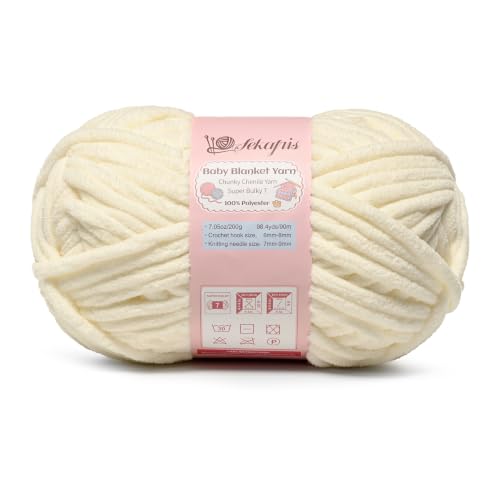 Image of Milky White 7.05 oz /98.4 yds Chunky Chenille Yarn for Crocheting, #7 Super Bulky Baby Blanket Yarn for Crocheting Soft, Fluffy Velvet Yarn for Knitting, Amigurumi Crochet Yarn for Crafts