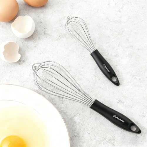 Image of NileHome Silicone Whisk Set 8 inch 10 inch Kitchen Whisk Kitchen Wisk Wire Whisks for Cooking, Whisking, Blending, Beating, Stirring-Black Silver