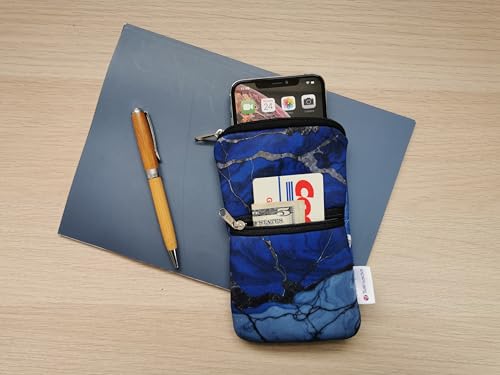 Image of Tainada Men Women Cell Phone Neoprene Shockproof Zippered Sleeve Case Bag Pouch w /Carabiner, Neck Lanyard, Belt Loop Holster for iPhone 17 /16 Pro Max,16 Plus,16e, Samsung S25+, S24, A56 (Marble Blue)