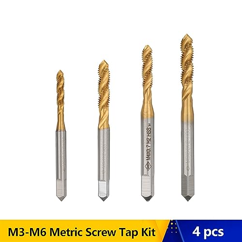 4pcs HSS Spiral Pointed Tap Set M3 M4 M5 M6, TiN Coated Metric Tapping Thread Forming Drill Bits, Precision Screw Tap Kit for Metal & Woodworking