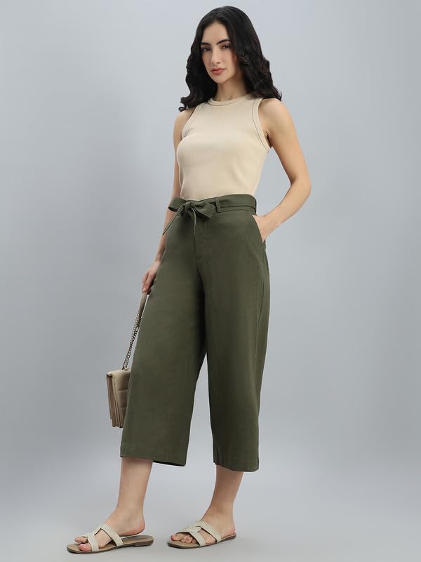 Image of GO COLORS Solid Linen Culottes for Women | High Rise, Side Pockets, Front tie-up