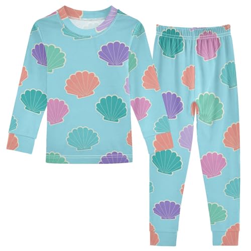 Pajama Sets Long Sleeve Seashell Pattern on Blue Soft Comfy Sleepwear 2 Piece PJS 3-8T