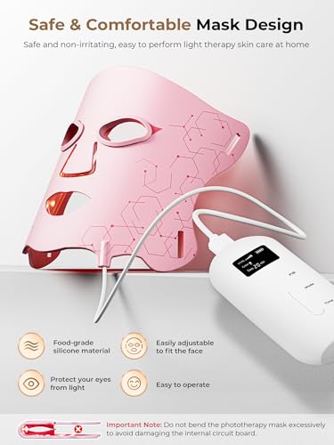 Image of Red Light Therapy Mask with Cooling Gel Pack, 7-Color NIR 850nm LED Face Mask, LED Light Therapy Mask (E106A) with Rechargeable Remote - 180 Mins Use, Red Light Mask Home Travel Gift, Pink