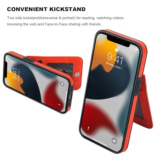 Image of KIHUWEY Compatible with iPhone 13 Case Wallet with Credit Card Holder, Premium Leather Magnetic Clasp Kickstand Heavy Duty Protective Cover for iPhone 13 6.1 inch (Orange)