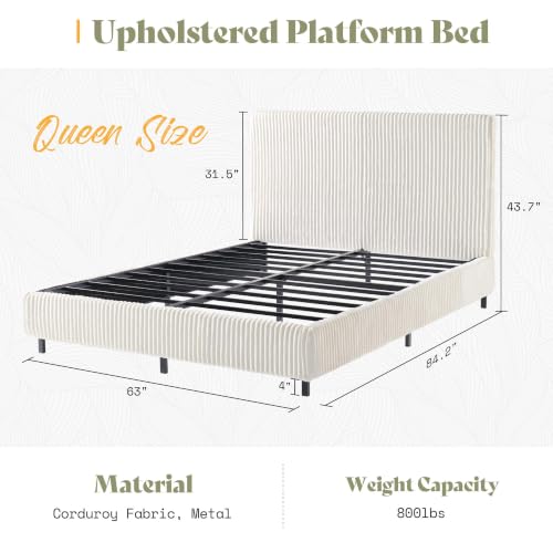 Image of AMERLIFE Queen Bed Frame, Upholstered Metal Platform Bed with Vertical Channel Tufted Headboard, Soft Fabric & Strong Metal Slats, Noise-Free /Easy Assembly, White Queen Upholstered Bed and Headboard