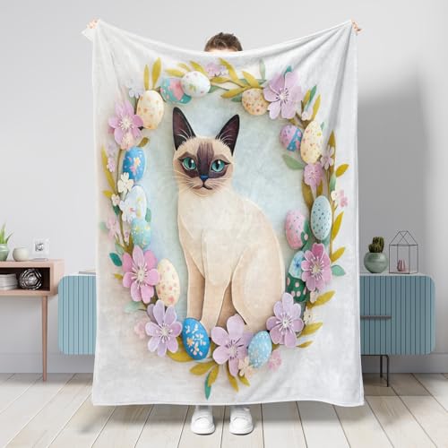 Manta de primavera y Pascua, gatos siameses de 40 x 50 pulgadas, novedosa manta de franela cálida y esponjosa con huevos florales para dormitorio, campamento, decoración de sofá para mascotas
