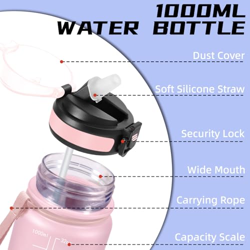 Trinkflasche- 1l- Trinkflasche Sport, Wasserflasche mit Strohhalm, Leicht zu Reinigen, Wasserflasche Auslaufsicher… – Ansicht 3