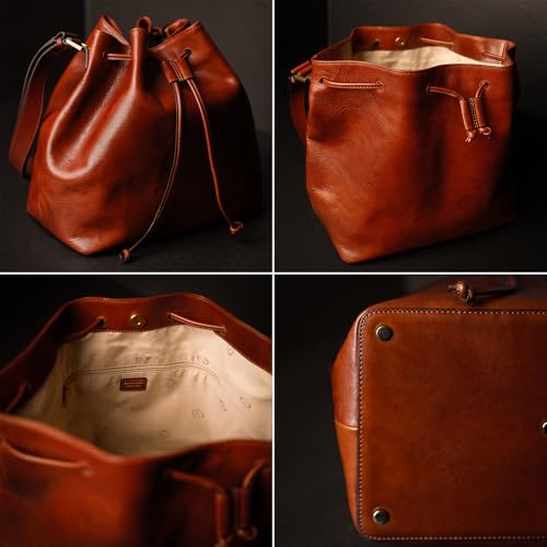 Image of Time Resistance Leather Bucket Bag - Full-Grain Leather Handbag for Women - Italian Handmade Shoulder Bag