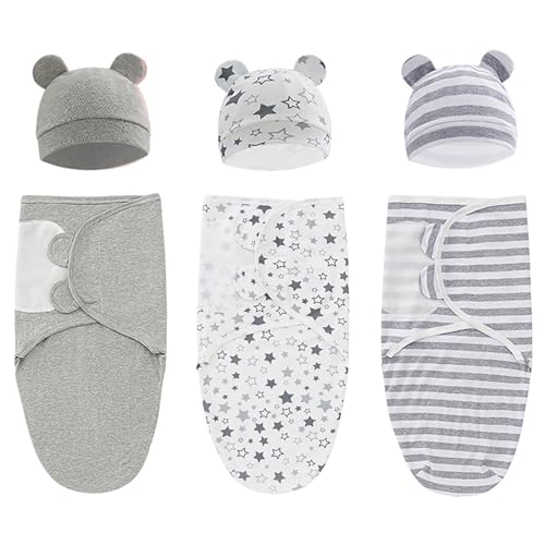 Image of KARAZZO 3-Pack Baby Swaddle Sleep Sacks Baby Swaddle Blanket Wrap for Boys Girls,Babies Swaddle Sack with Hat for 0-3 Months Newborn (A), 50*73cm/19.69*28.75in