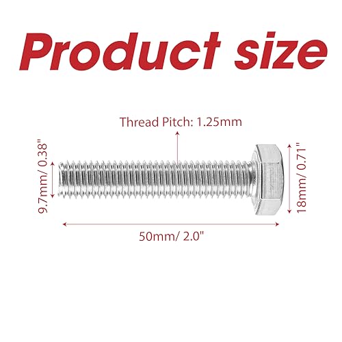 Image of 10PCS /Lot M10 Bolts, M10x1.25x50mm Fine Thread Hex Head Rod Bolts, Din933 Standard Size, All Thread, Length: 50mm, Pitch: 1.25mm (Stainless Steel, Silver)