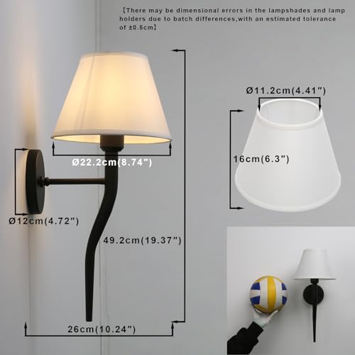 Image of Yosoan Retro Boho Fabric Stairwell Wall Sconce Set of 2, Vintage Vanity Beige Brass Indoor Wall Mounted Hardwired Funnel White Cloth Fabric Shade for Bedroom Hallway Living Room Bathroom(Black)