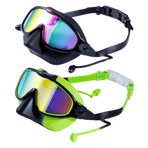 MKEOIEAU 2PCS Kids Swimming Goggles with Nose Cover Wide View Adjustable Anti-Fog UV Protection Swim Goggle for 3-15 Boys Girls Youth