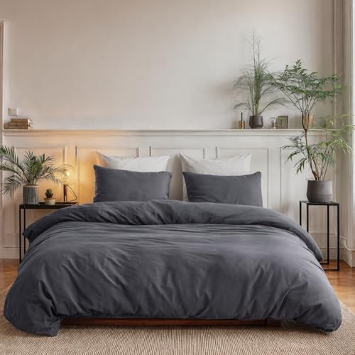 Sleeptime 100% Baumwolle Bettwäsche 240cm x 220cm Anthrazit - weich & bügelfrei Bettbezüge mit Druckknöpfe - Einfarbig Bettwäsche Set mit 2 Kissenbezüge 60cm x 70cm