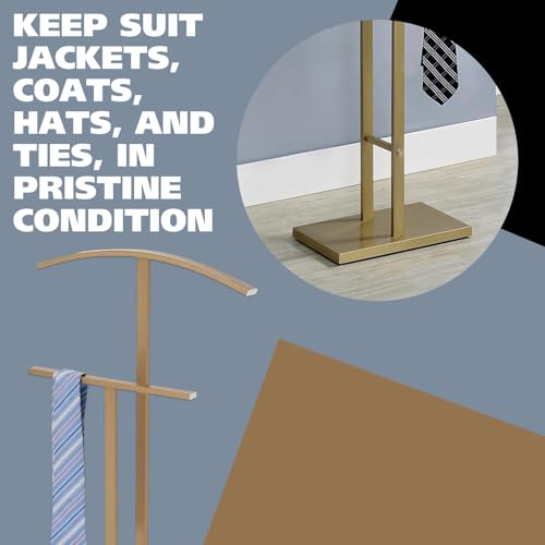 Image of Kings Brand Furniture Dossi Modern Metal Suit Valet Stand, Clothes Rack Organizer with Jacket, Pants & Tie Holder, Space-Saving Garment Rack for Bedroom or Closet (Gold)