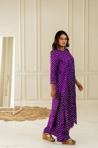 Image of LookMark Women Cotton Blend Bandhej Printed Bandhani Kurta Palazzo Set With Sequence Lace