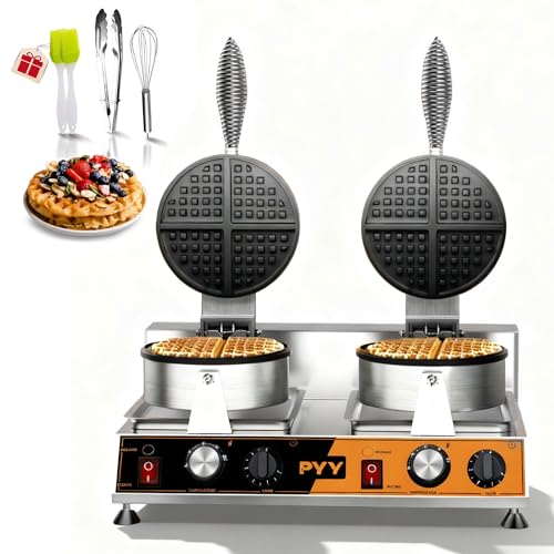 PYY Commercial Waffle Maker - Double Waffle Maker, Non-stick Electric Chaffle Maker for Restaurant Party Food Stall, Large, Stainless Steel