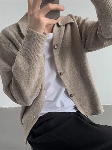 Men's Solid Color Knitting Cardigan Tops Outdoor Buttoned Lapel Sweatercoats3