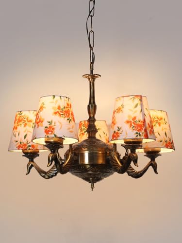 Image of Devansh 05-Light Printed Conical Multicolor Cotton Shade Chandelier - Antique Golden Finish | Adjustable Cord | Warm Glow Lamp - Ceiling Light for Living Room, Dining Area, BedroomDecor - D1