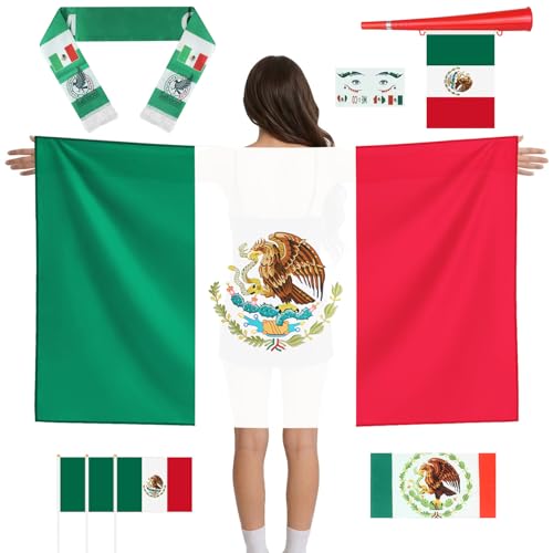 World Cup 2026 Fan Party Kit for Mexican Team | Headband, Whistle, Cloak, Muffler, 3 Flags & Face Stickers | Soccer Party Decorations, Patriotic Game Day Fan Pack
