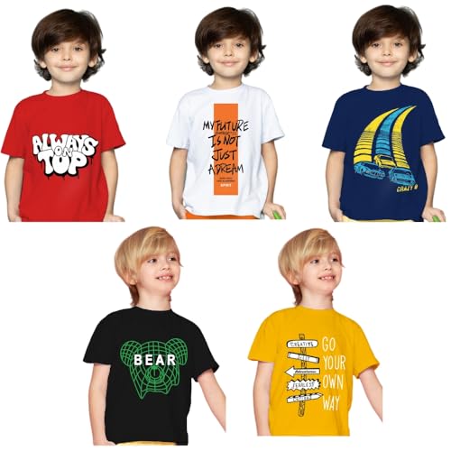 Image of Yazh Texworld Boys Round Neck Blended Cotton T-Shirts | Regular Fit | Half Sleeve | Casual Wear | Trendy | Combo Pack of 5 | Multicolor | Soft, Durable, and Stylish for Everyday use