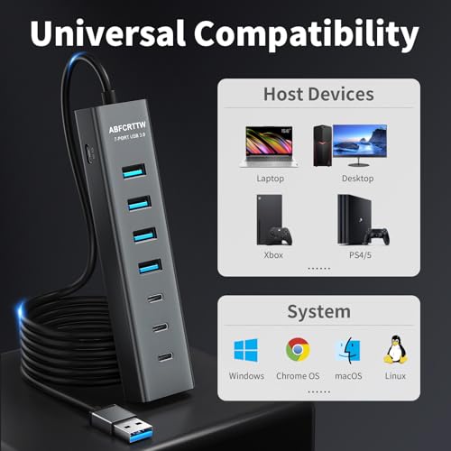 Image of 6Ft 7-Port USB Hub 3.0 for Desktop, 4 USB-A & 3 USB-C Ports Aluminium 5Gbps USB Extender Hub, USB Splitter, USB Hub Long Cable for Desktop, PC, Flash Drive, Mobile HDD SSD, Windows /XPS
