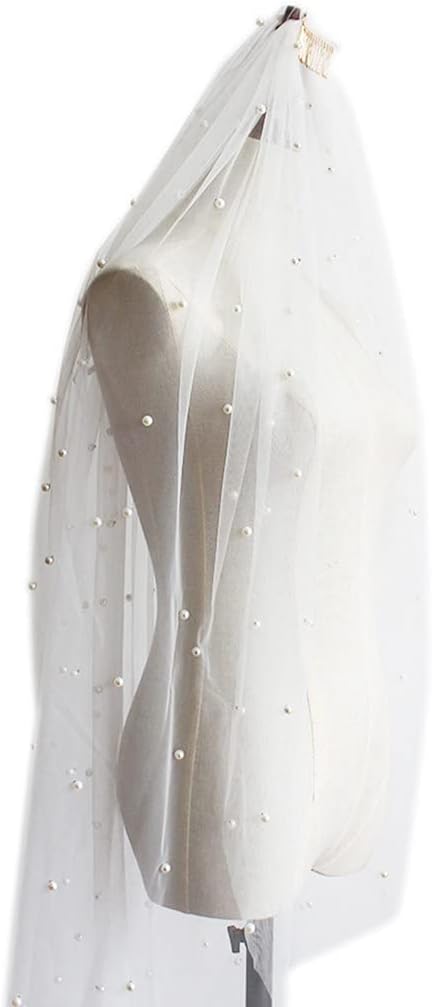 Wedding Bridal Veil With Metal Comb Cut Bride Hair Accessories Single Layer Sheer Pearls Tulle 30" 59" 79" 91" 118"